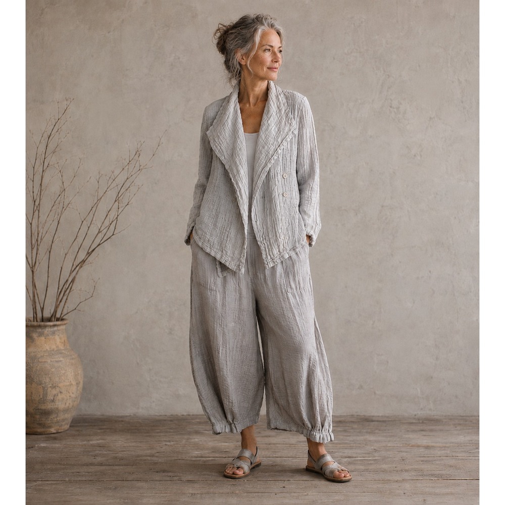 FLAX Cardigan Sweater Women Sz S Gray Crinkle Texture 100% Linen Lagenlook